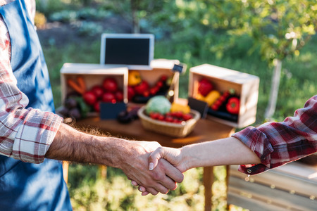 farmers shaking hands at marketの写真素材