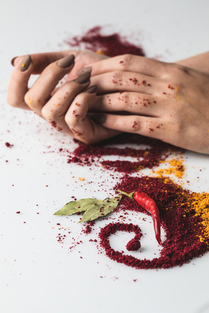 cropped shot of woman with various spices composition isolated on whiteの写真素材