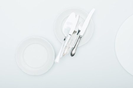 top view of clean tableware isolated on whiteの写真素材