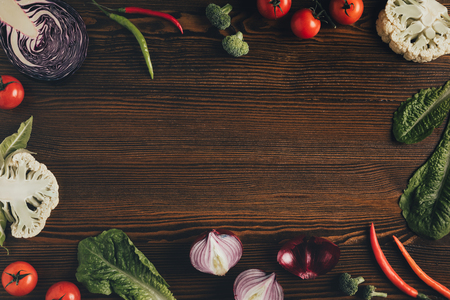 vegetables on brown tableの写真素材