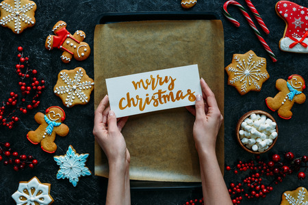 christmas gingerbreads and greeting cardの写真素材