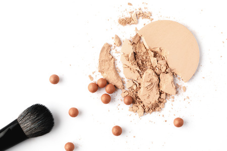 nude cosmetic powder with makeup brushの写真素材