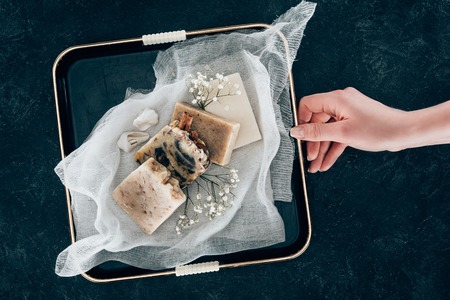top view of natural homemade soap and pumice