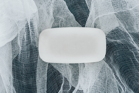 top view of white soap on gauzeの写真素材
