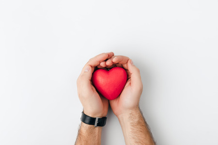 hands with wristwatch holding red heart isolated on white backgroundの写真素材