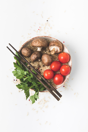 top view composition of chinese cuisine ingredients isolated on whiteの写真素材