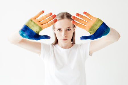 woman showing stop signの写真素材