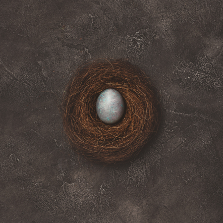 top view of nest with painted easter egg on concrete tableの写真素材