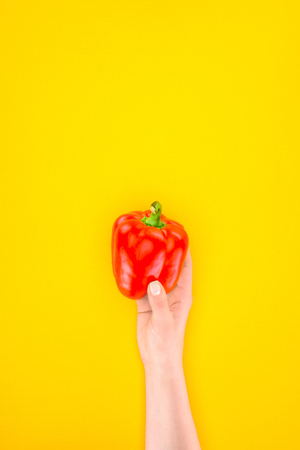 cropped shot of person holding fresh raw paprika pepper isolated on yellowの写真素材