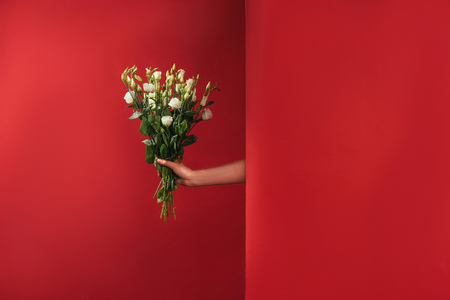 cropped shot of person holding beautiful bouquet of white eustoma flowers on red の写真素材