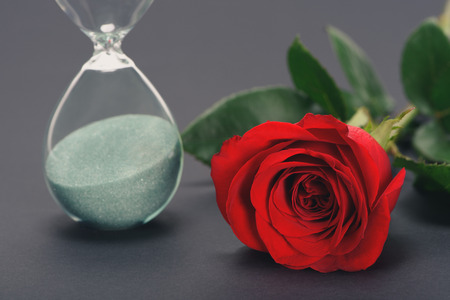 close-up view of beautiful red rose flower and hourglass on grey
