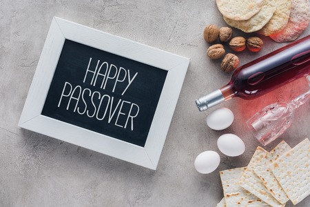 top view of frame with happy passover greeting, Pesah celebration conceptの写真素材