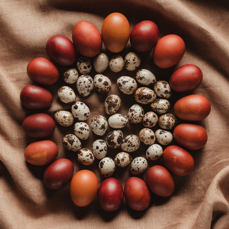 top view of easter quail eggs in circle of chicken eggs on linen tableclothの写真素材