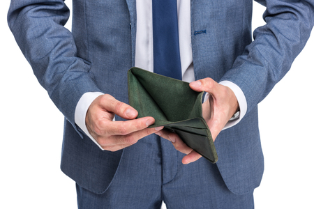 cropped view of businessman holding empty wallet, isolated on white 