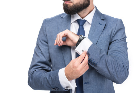 cropped view of businessman in grey suit, isolated on white 