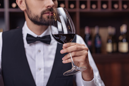 Young handsome man sommelier tasting red wine in cellarの写真素材