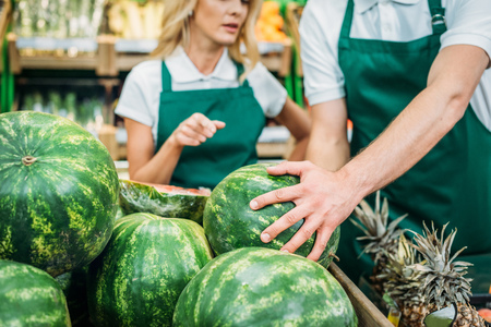 selective focus of shop assistant pointing at watermelon while talking with coworkerの写真素材
