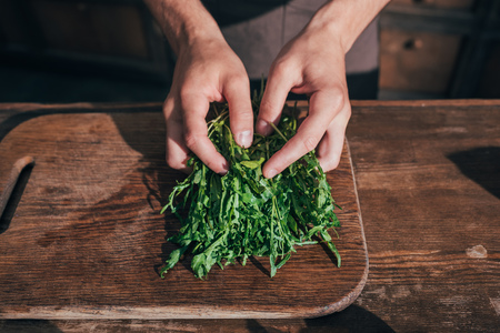 cropped shot of man sorting ruccola leaves on cutting board
