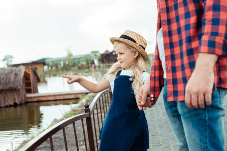 partial view of little girl holding fathers hand and pointing at pond in parkの写真素材