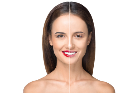 beautiful young woman before and after makeup smiling at camera isolated on whiteの写真素材
