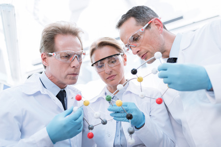 Three doctors in protective glasses and lab coats examining a molecular modelの写真素材