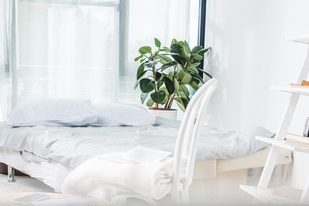 bed with white bedding and green houseplant in cozy bedroom interiorの写真素材