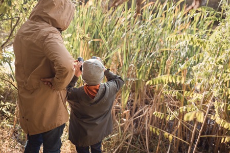 back view of father and son looking through binoculars while standing together on swamp の写真素材