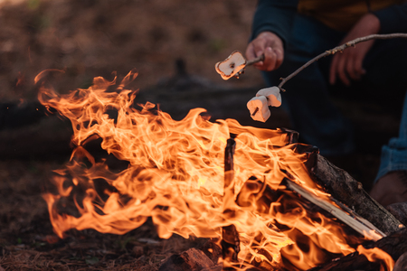close-up partial view of travelers cooking marshmallows on bonfireの写真素材