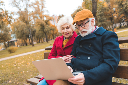 senior couple using laptop while sitting on bench in autumn parkの写真素材