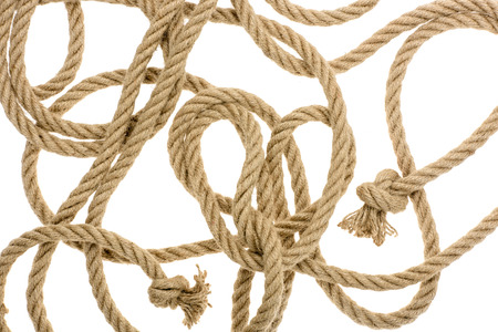 close-up view of nautical rope with knots isolated on white