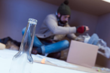 selective focus of homeless man sitting in cardboard box, with bottle on foreground