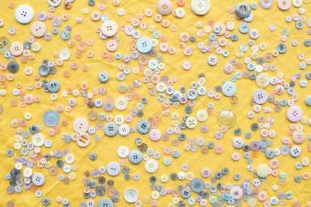 top view of scattered colorful buttons on yellow cloth background