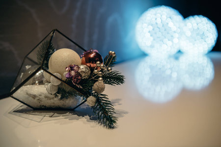close-up view of beautiful christmas decorations and shiny balls in hotel lobbyの写真素材