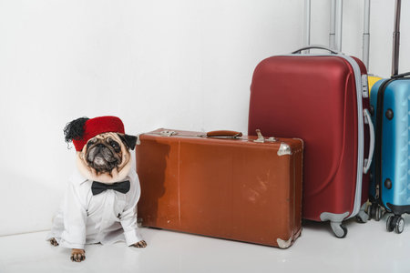 cute stylish pug in shirt and bow tie sitting with suitcasesの写真素材