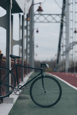 vintage bike on pedestrian bridge on cloudy dayの写真素材