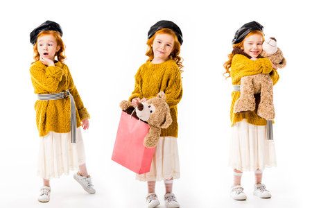 collage with stylish kid standing with teddy bear in different poses on whiteの写真素材