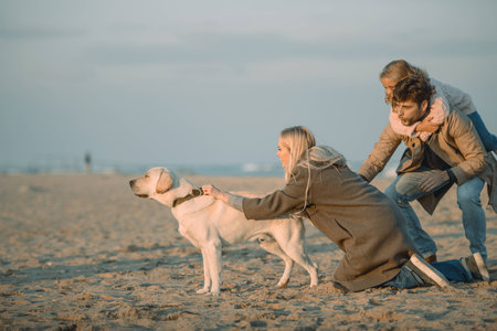 family with labrador dog walking on sandy beach at seaの写真素材