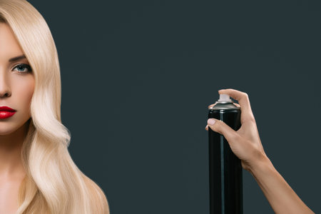blonde girl with beautiful hairstyle using spray, isolated on greyの写真素材