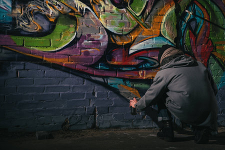 rear view of street artist painting graffiti with aerosol paint on wall at nightの写真素材