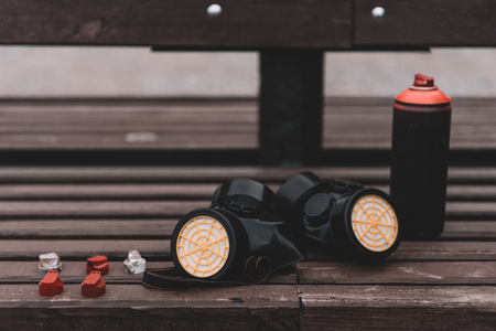 respirators and can with spray paint for graffitiの写真素材