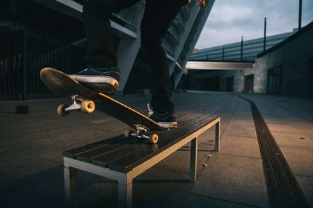 cropped shot of skateboarder balancing with board on bench