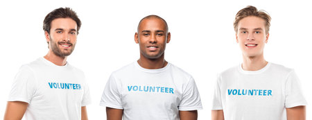 group of young handsome volunteers isolated on whiteの写真素材