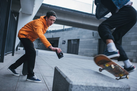 skateboarder taking photo of his partner doing trick outdoorsの写真素材
