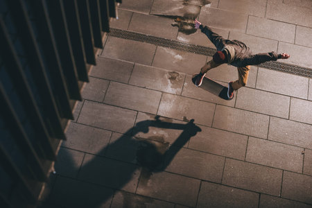 high angle view of skateboarder in modern streetwear performing jump trick
