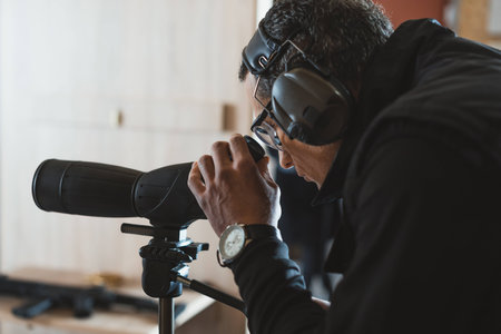 man looking through binoculars in shooting rangeの写真素材