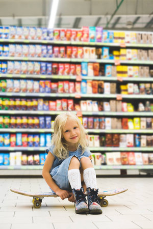 adorable blonde kid sitting on skateboard in supermarket with shelves behindの写真素材