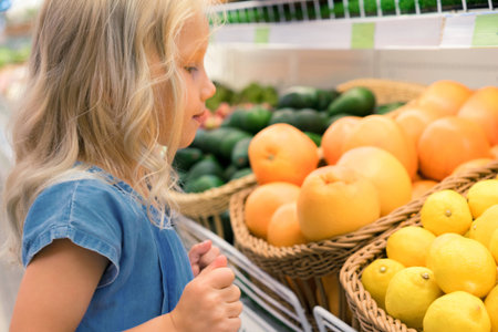 adorable little kid choosing lemons and oranges in supermarketの写真素材