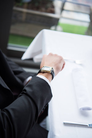 close up view of stylish watch on male wrist
