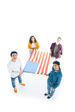 high angle view of group of teen students with usa flag isolated on whiteの写真素材