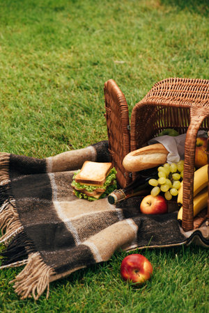 flipped over basket with fruits and champagne on blanket on green grassの写真素材